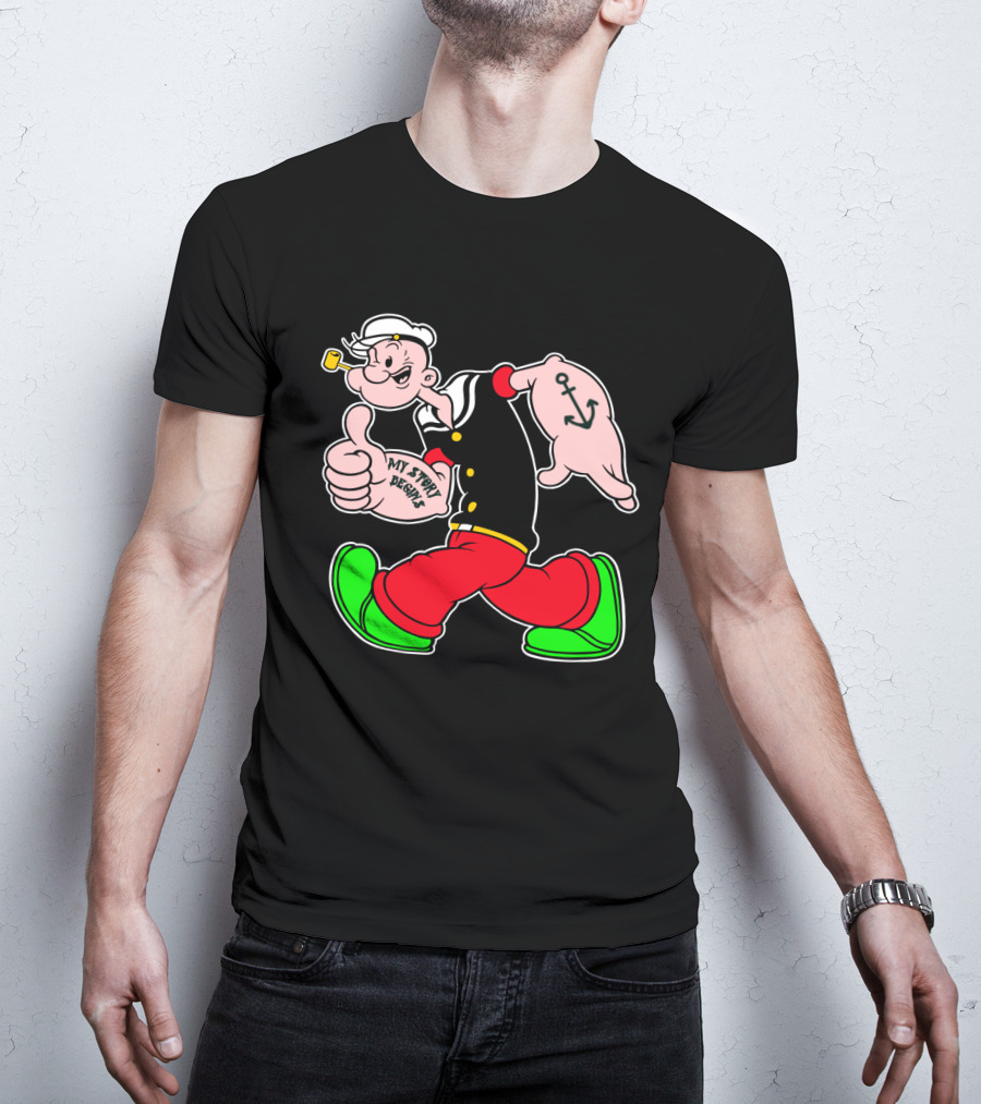 Popeye Thumbs Up With Sailor Style And Anchor Tattoo My Story Begins T-Shirt