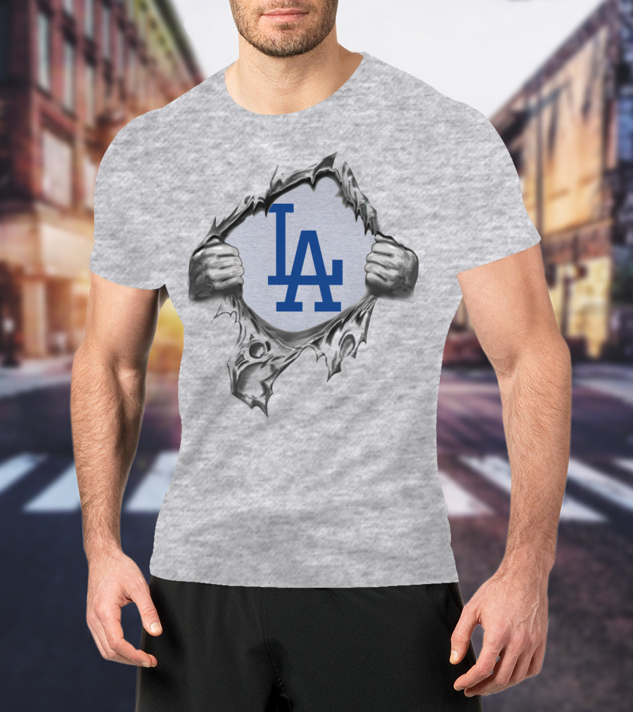 La Dodgers Logo Ripped Through Gray T-Shirt