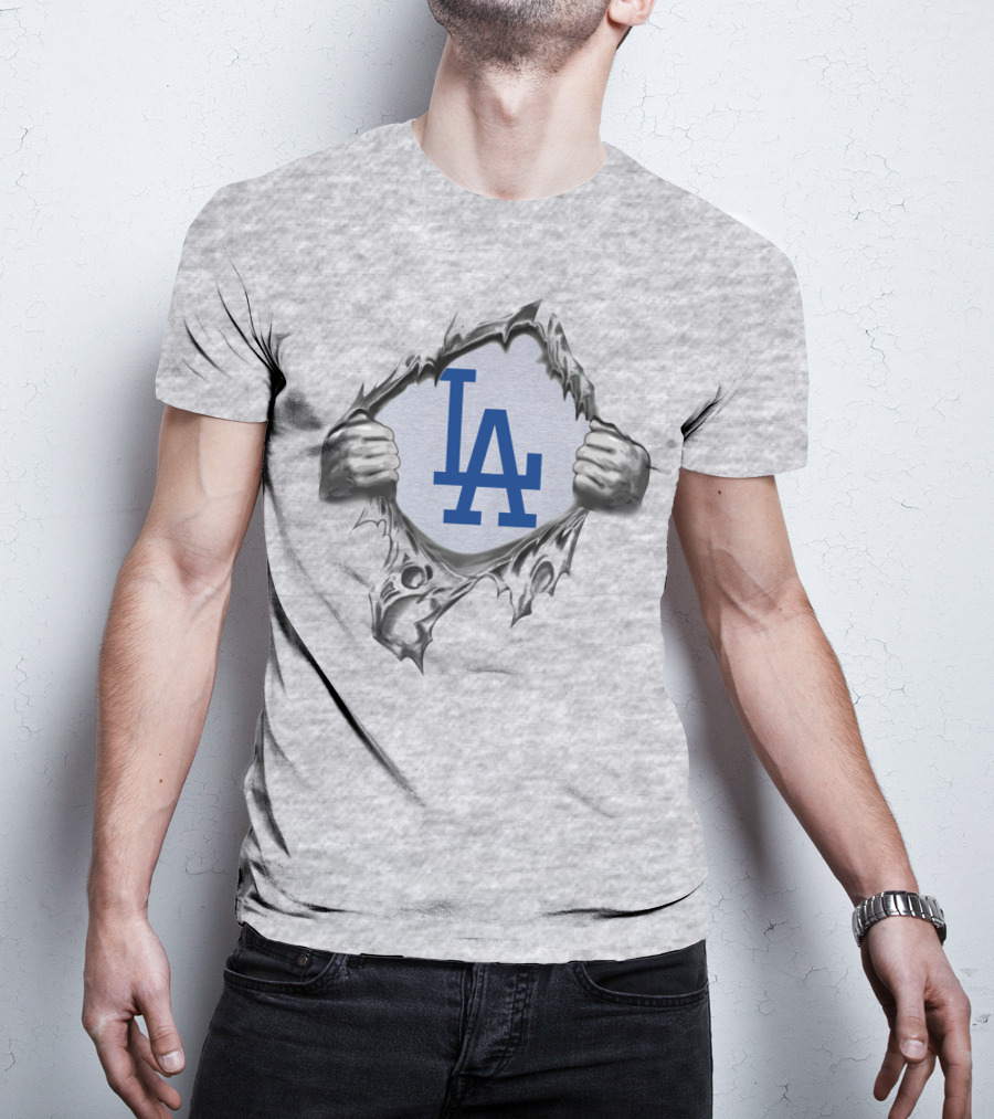 La Dodgers Logo Ripped Through Gray T-Shirt