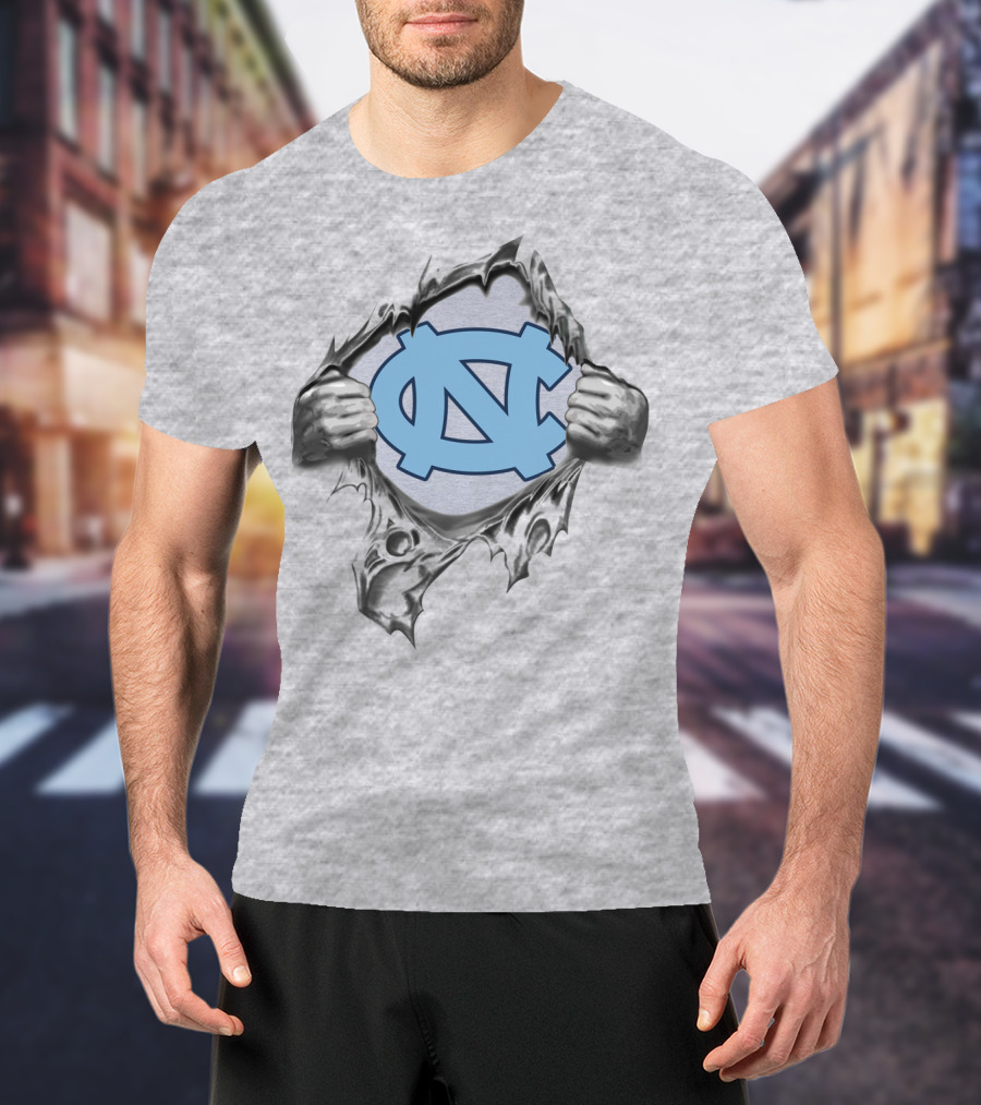 Unc Tar Heels Logo Peeking Through Ripped Gray Fabric T-Shirt