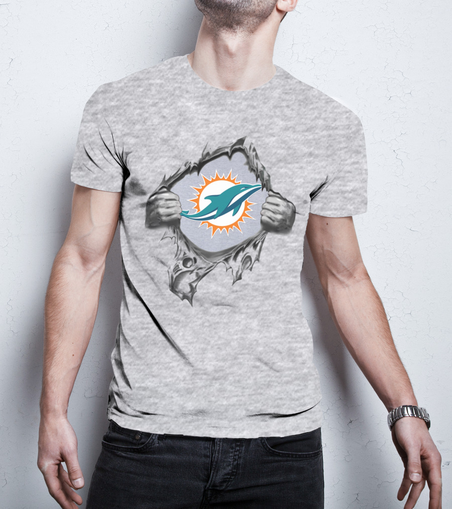 Miami Dolphins Logo In Ripped Metal Design Featuring Team T-Shirt