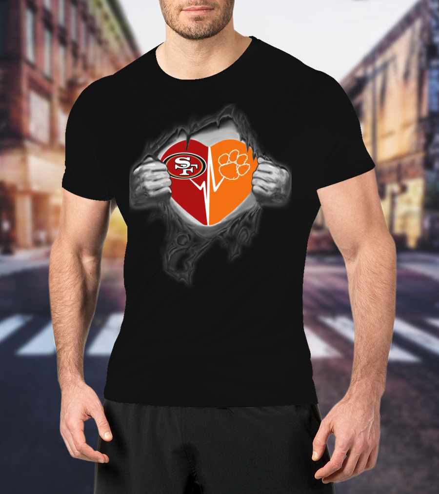 Clemson Tigers Heartbeat With San Francisco 49ers Logo Fusion T-Shirt