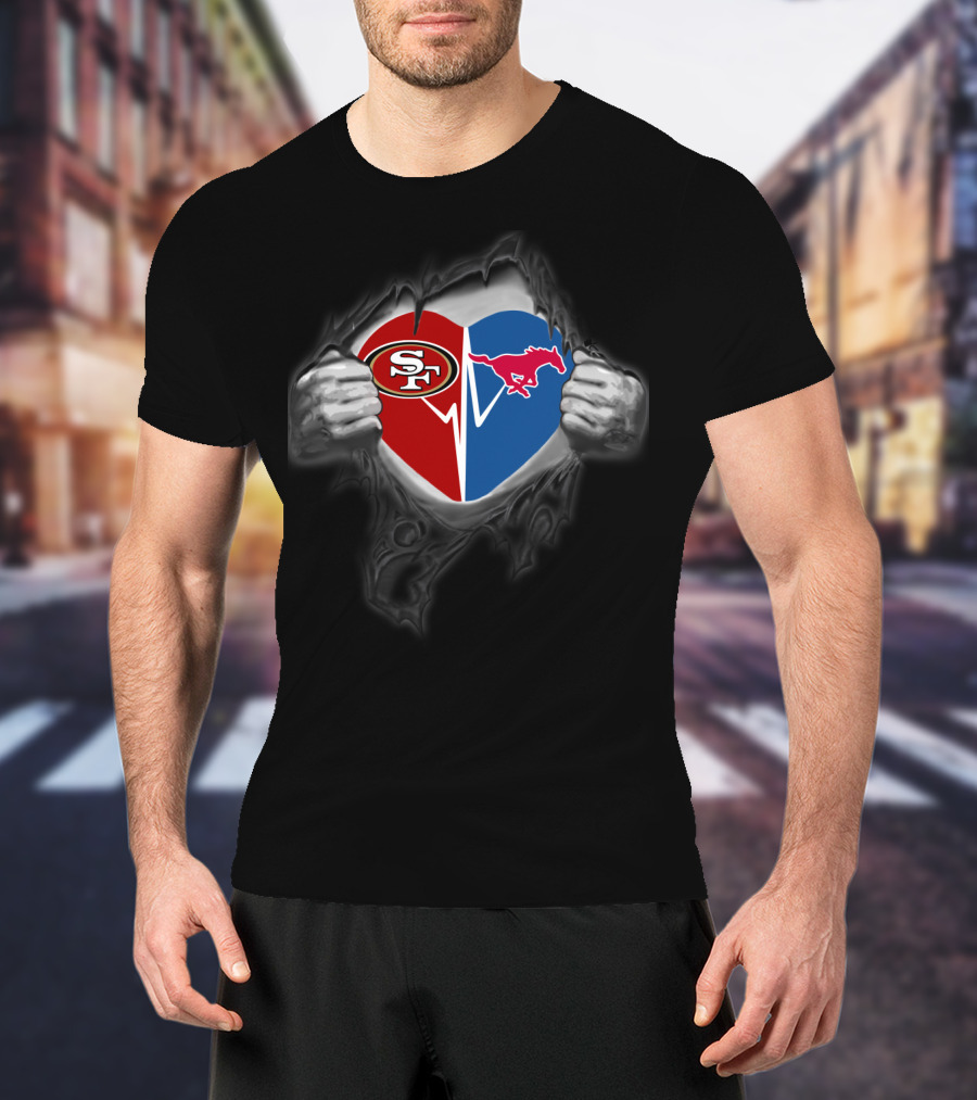 San Francisco 49ers Heart With Smu Mustangs Logo On Distressed Black T-Shirt