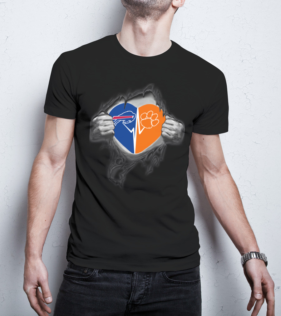 Buffalo Bills Heart Clemson Tigers Paws Logo Peeking T-Shirt