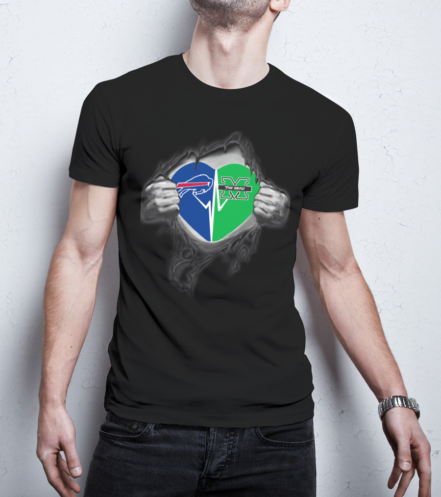 Buffalo Bills And Marshall Thundering Herd Heart Emblem With Torn Hands T-Shirt