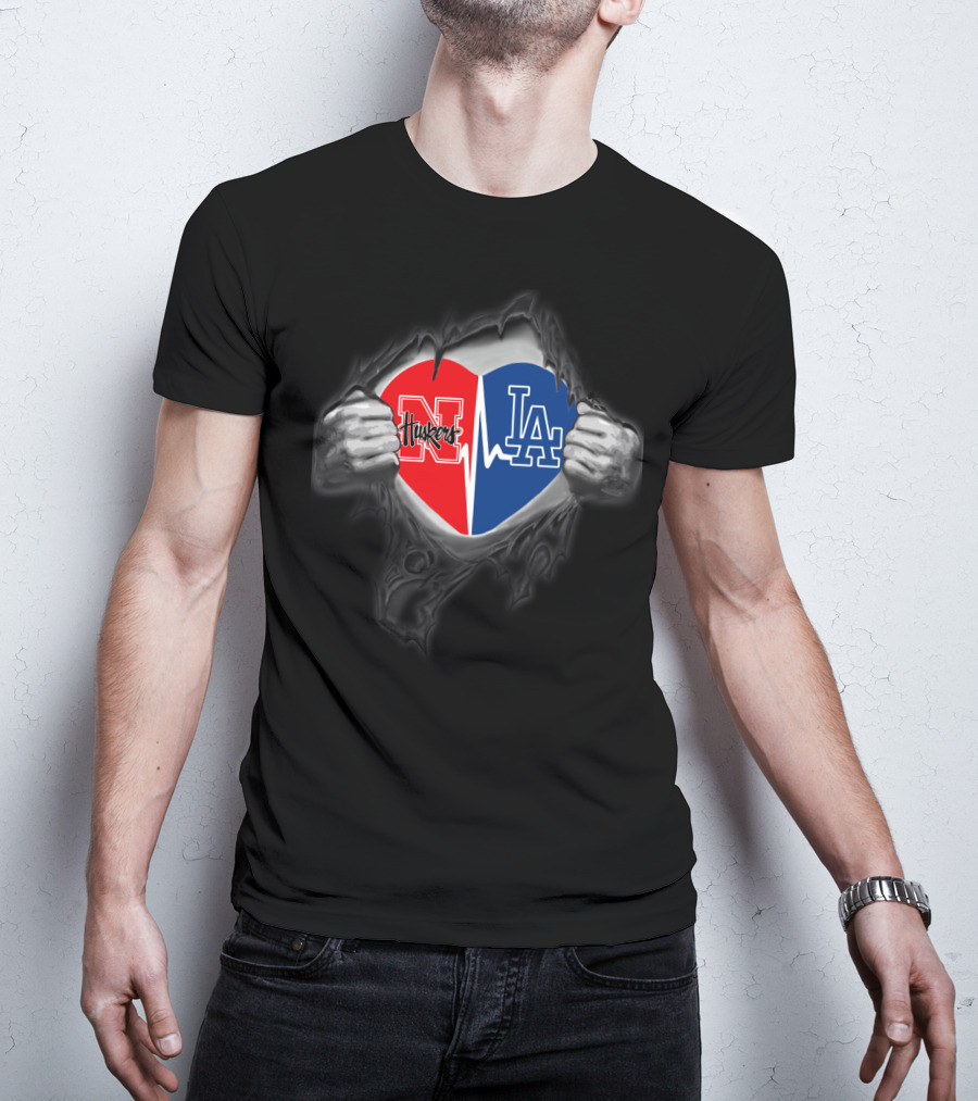 Dodgers Nebraska Cornhuskers Heart Design With Hands Pulling Open T-Shirt