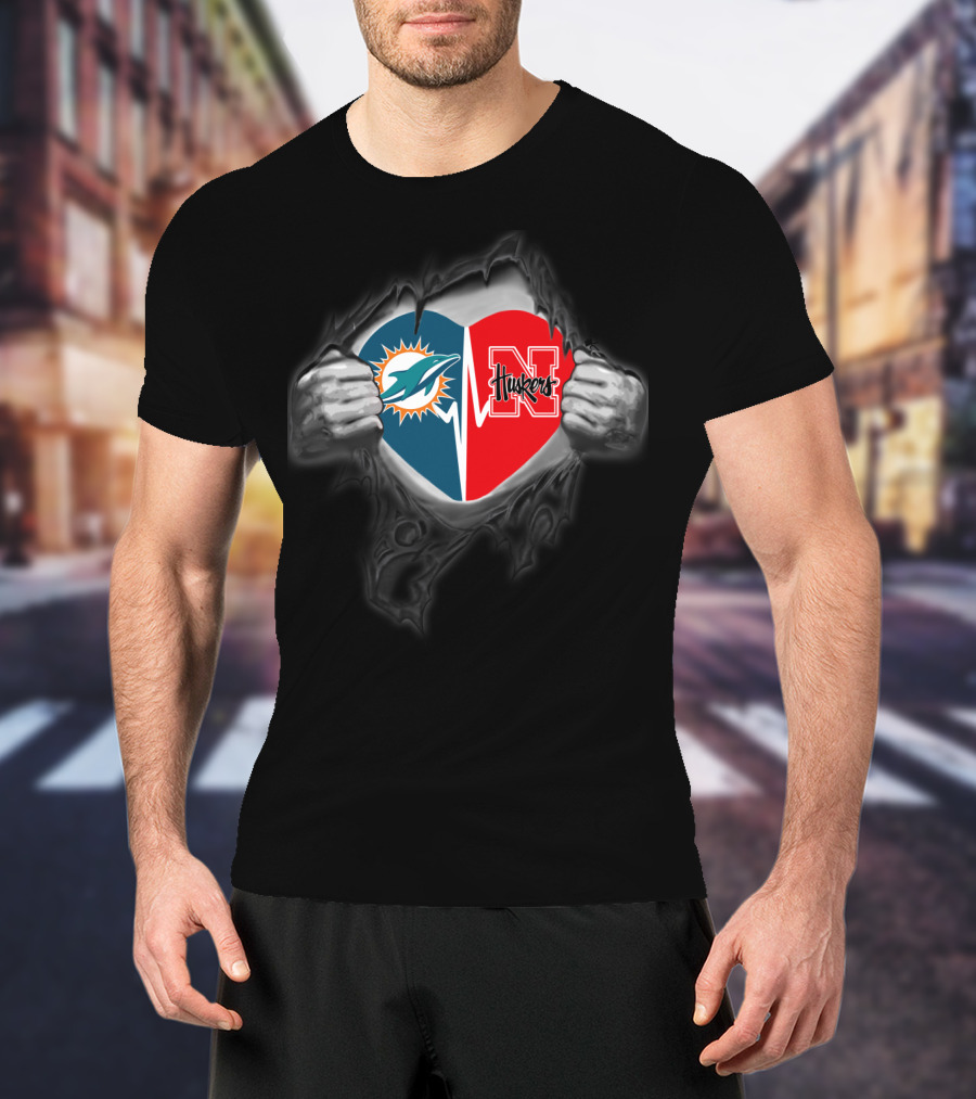 Dolphins Nebraska Cornhuskers Heart Logo Torn Fabric T-Shirt