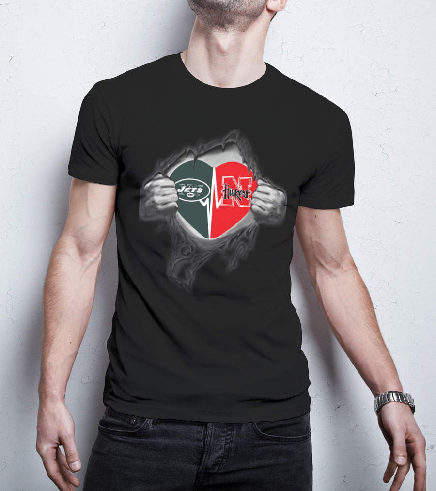 Jets Nebraska Huskers Heart Torn Fabric T-Shirt