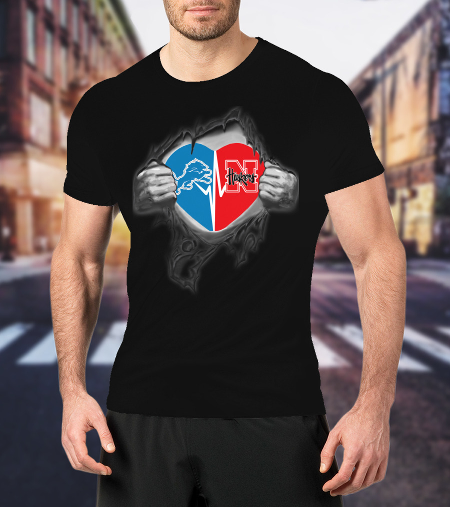Detroit Lions Nebraska Huskers Heart Torn Open T-Shirt