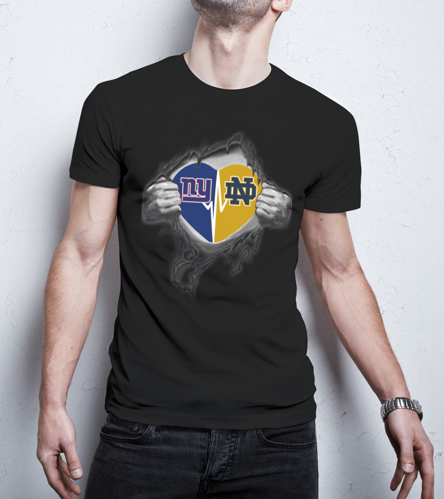 Ny Giants Notre Dame Heart Logo Fusion Pulled Apart By Hands T-Shirt