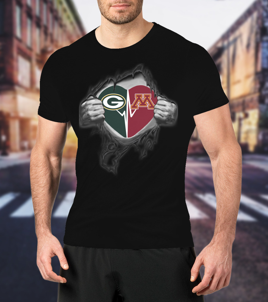 Packers Heart Minnesota Golden Gophers Logo Split Inside Torn Skin T-Shirt