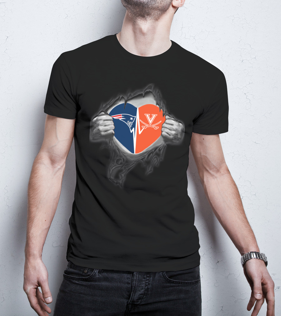 New England Patriots And Virginia Cavaliers Heart Logo Fusion T-Shirt