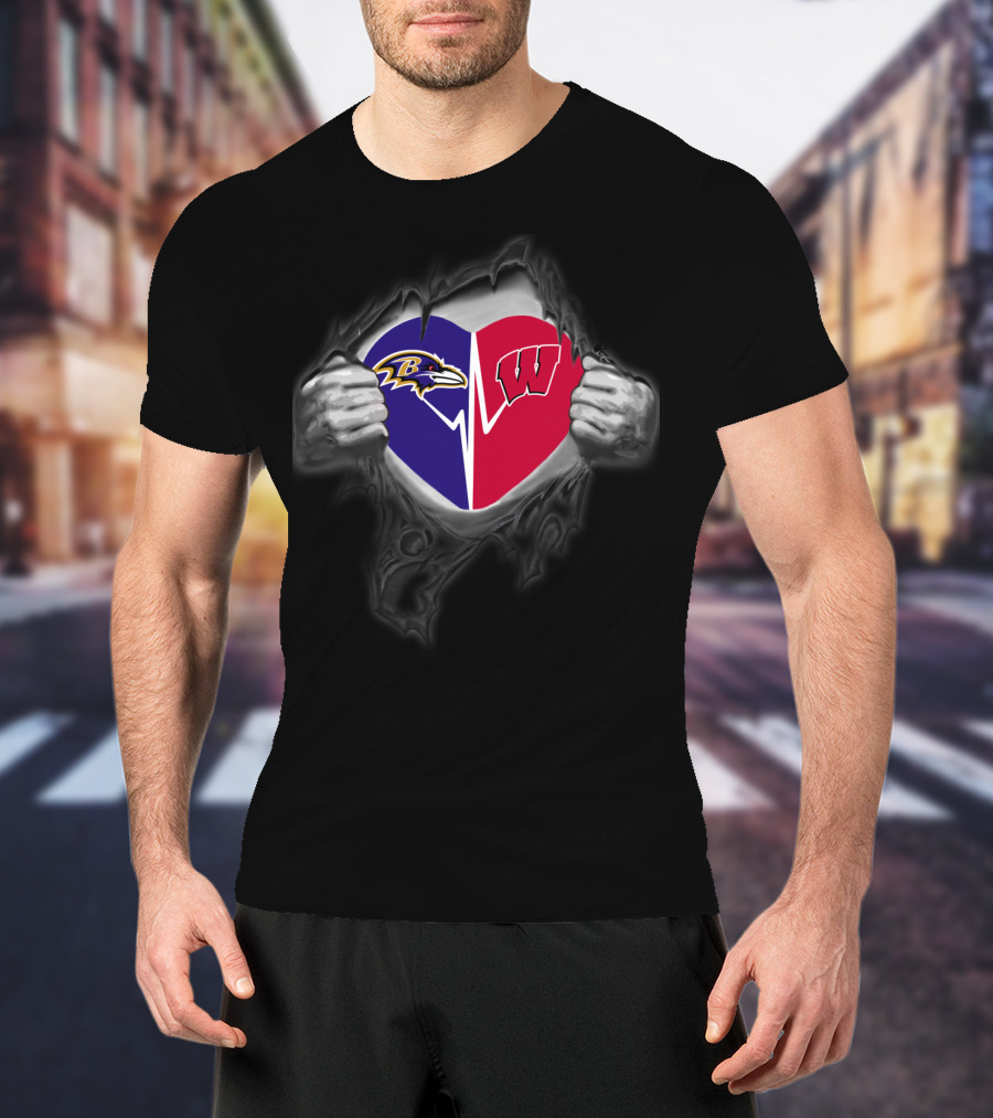 Baltimore Ravens Wisconsin Badgers Heart Logo Fusion T-Shirt