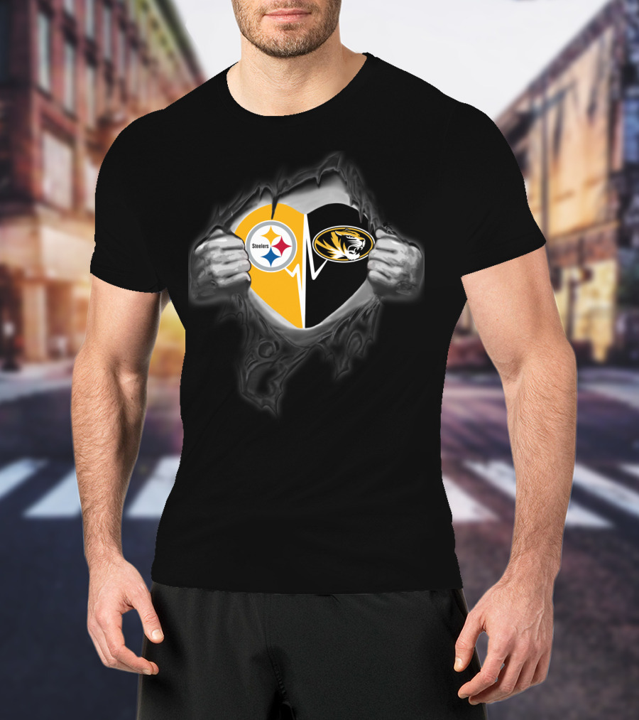 Steelers Missouri Tigers Heart Logo Fusion T-Shirt