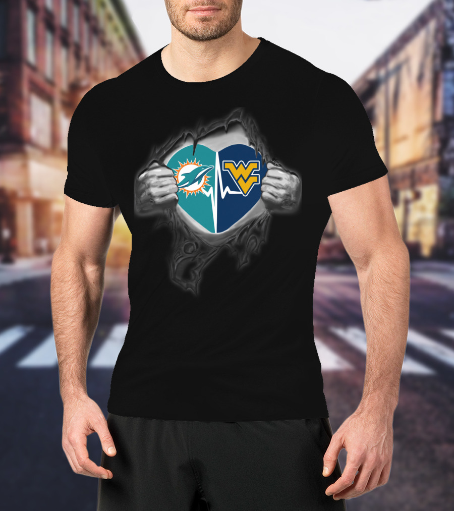 Miami Dolphins West Virginia Mountaineers Heart Hands T-Shirt