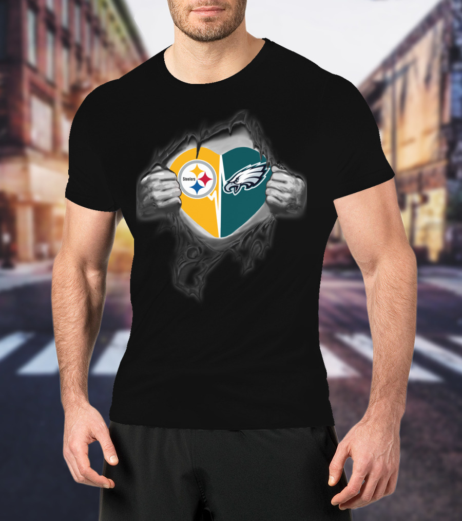 Steelers Eagles Heart Logo Dual Team Fan Pride T-Shirt