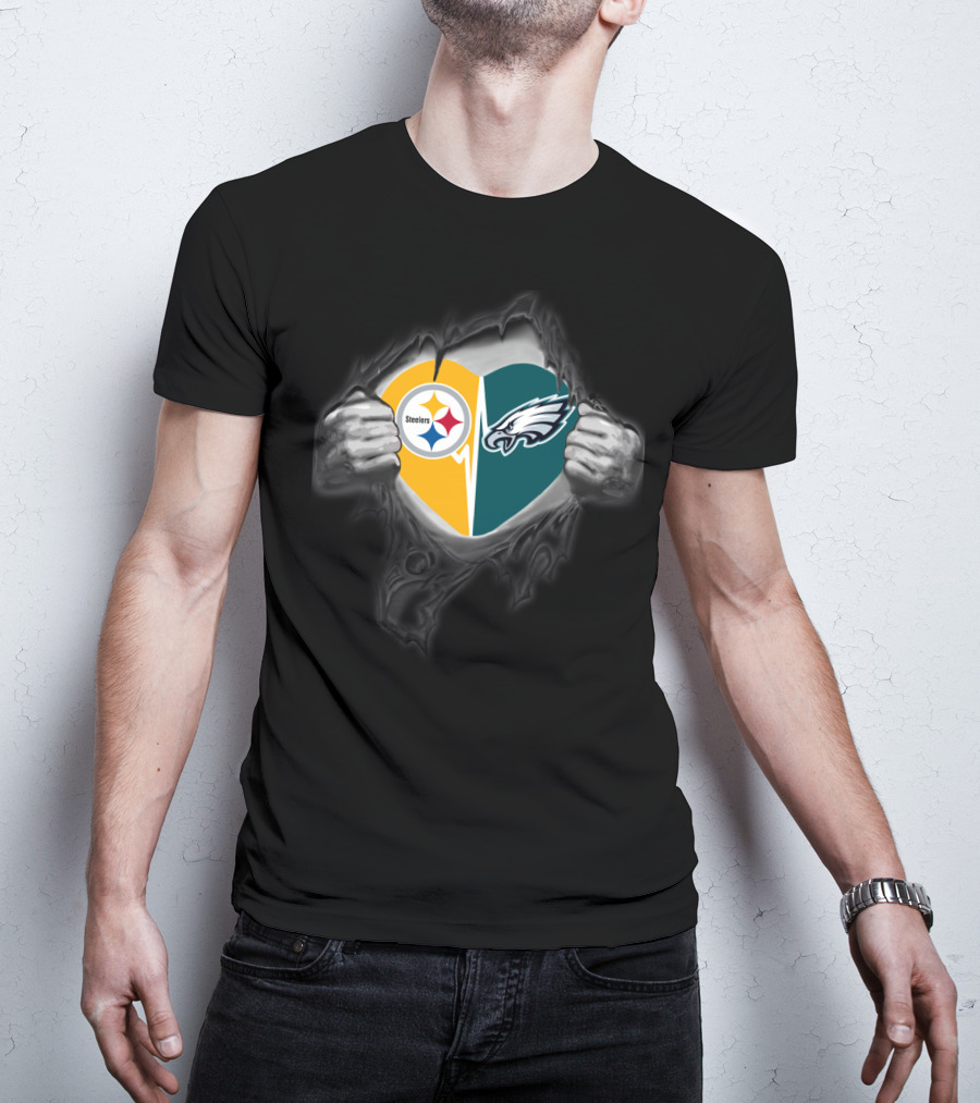 Steelers Eagles Heart Logo Dual Team Fan Pride T-Shirt