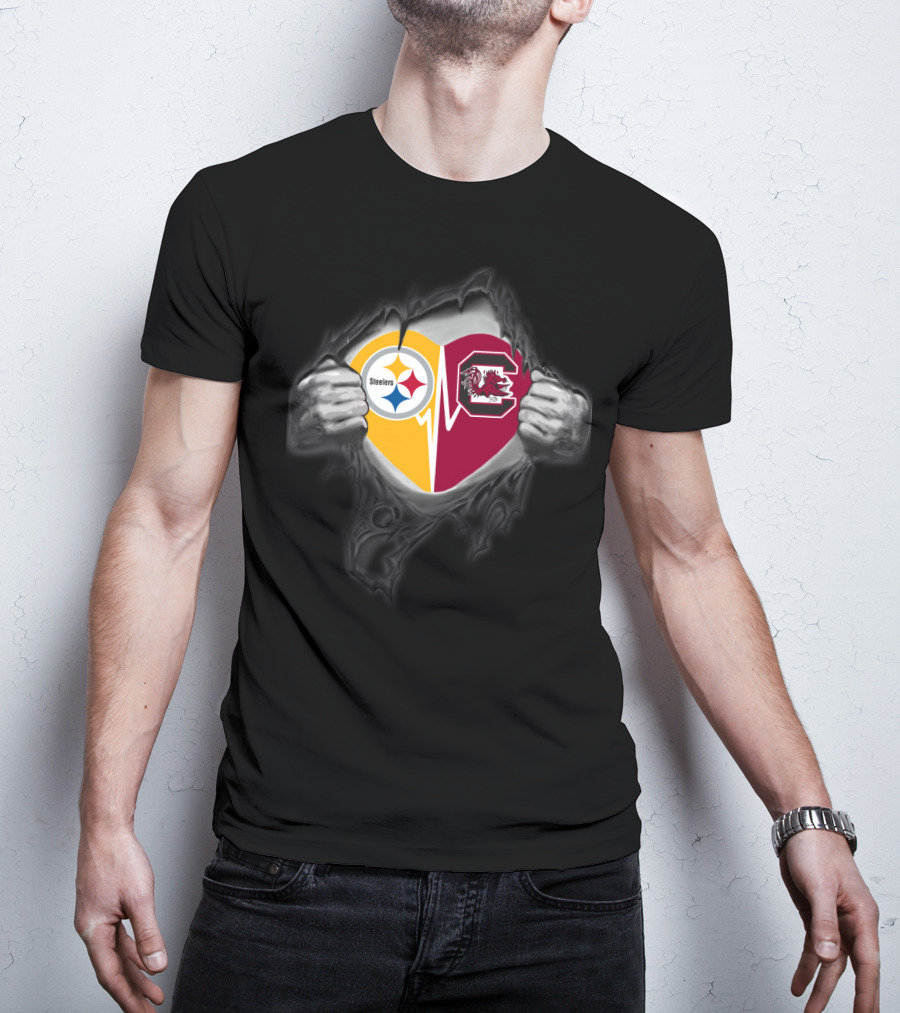 Steelers And South Carolina Gamecocks Heart Design With Ripped Hands Effect T-Shirt