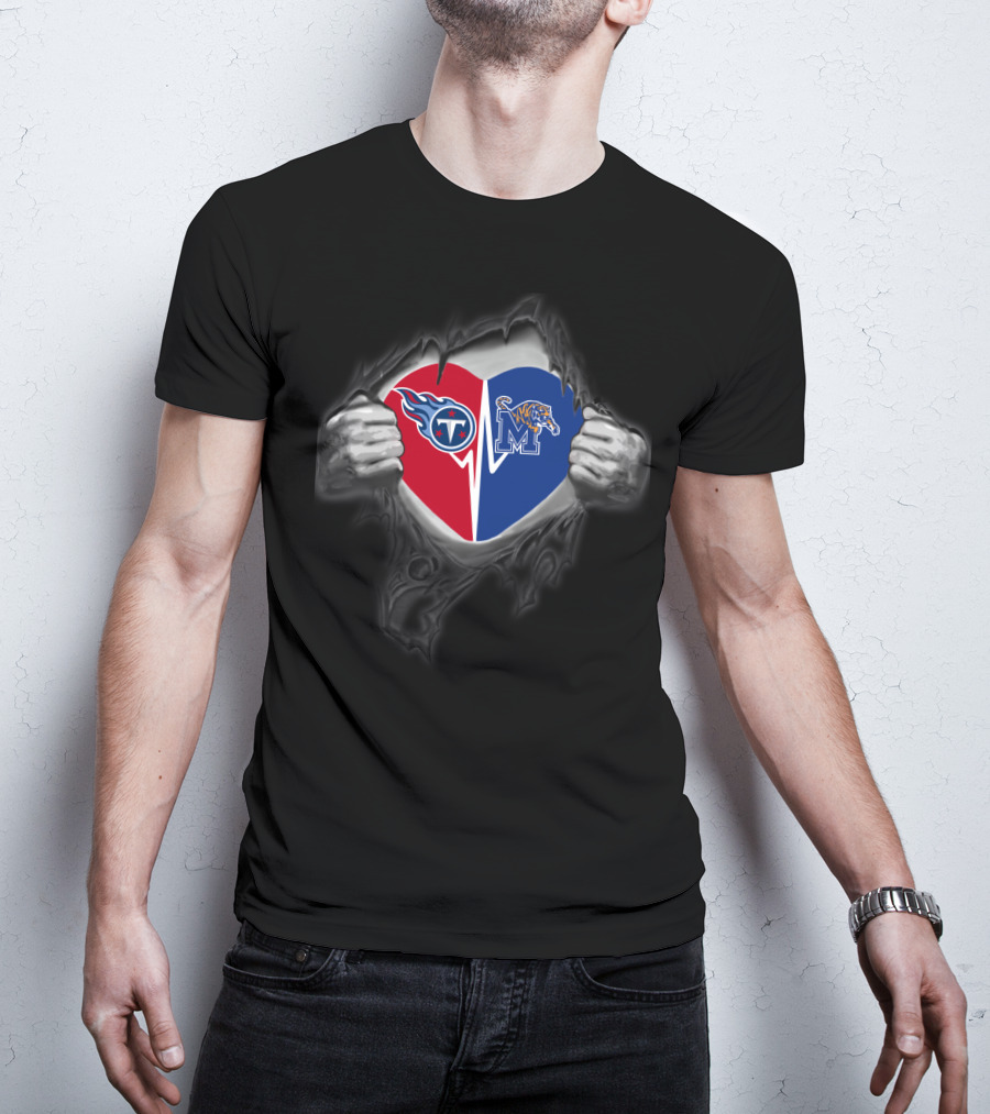 Tennessee Titans Memphis Tigers Heart Logo Tear T-Shirt