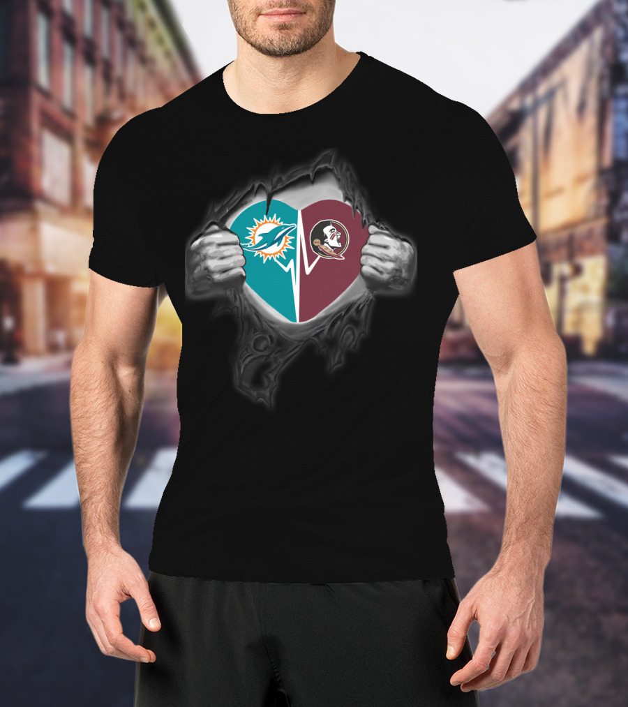 Miami Dolphins Florida State Seminoles Heart Logo Collaboration T-Shirt