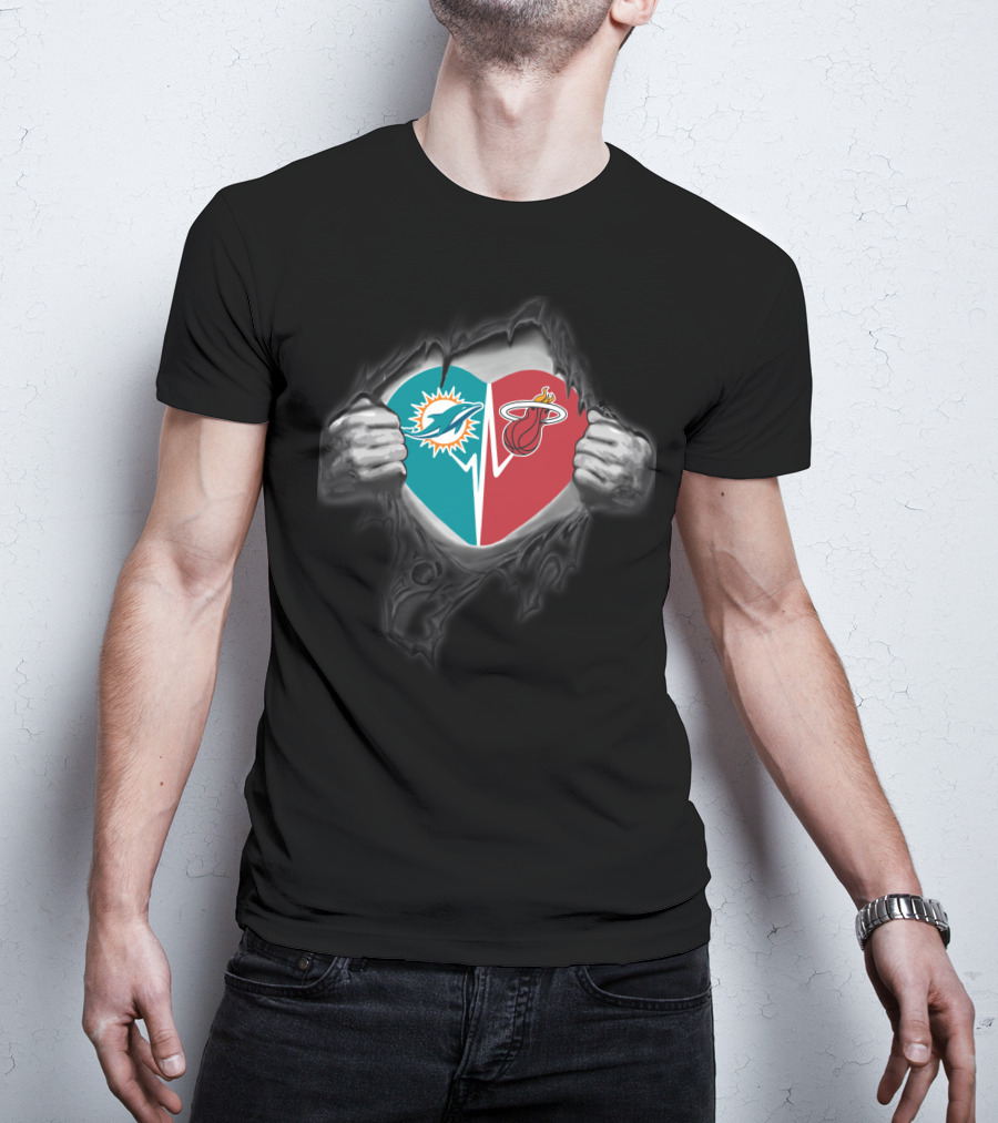 Miami Dolphins Miami Heat Heart Logo Fusion T-Shirt
