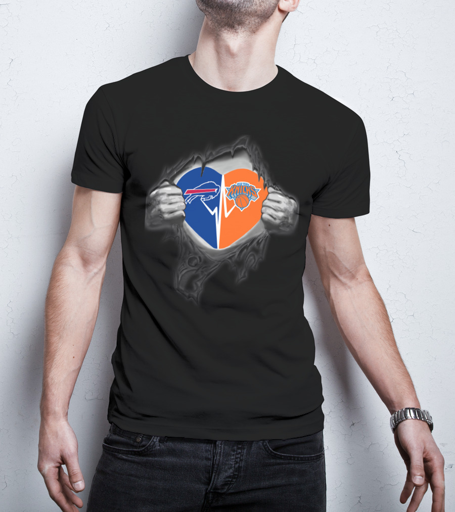 Buffalo Bills New York Knicks Heart Logos Fusion T-Shirt