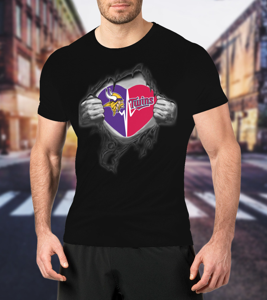 Minnesota Vikings Twins Heart Logo Busting Through T-Shirt