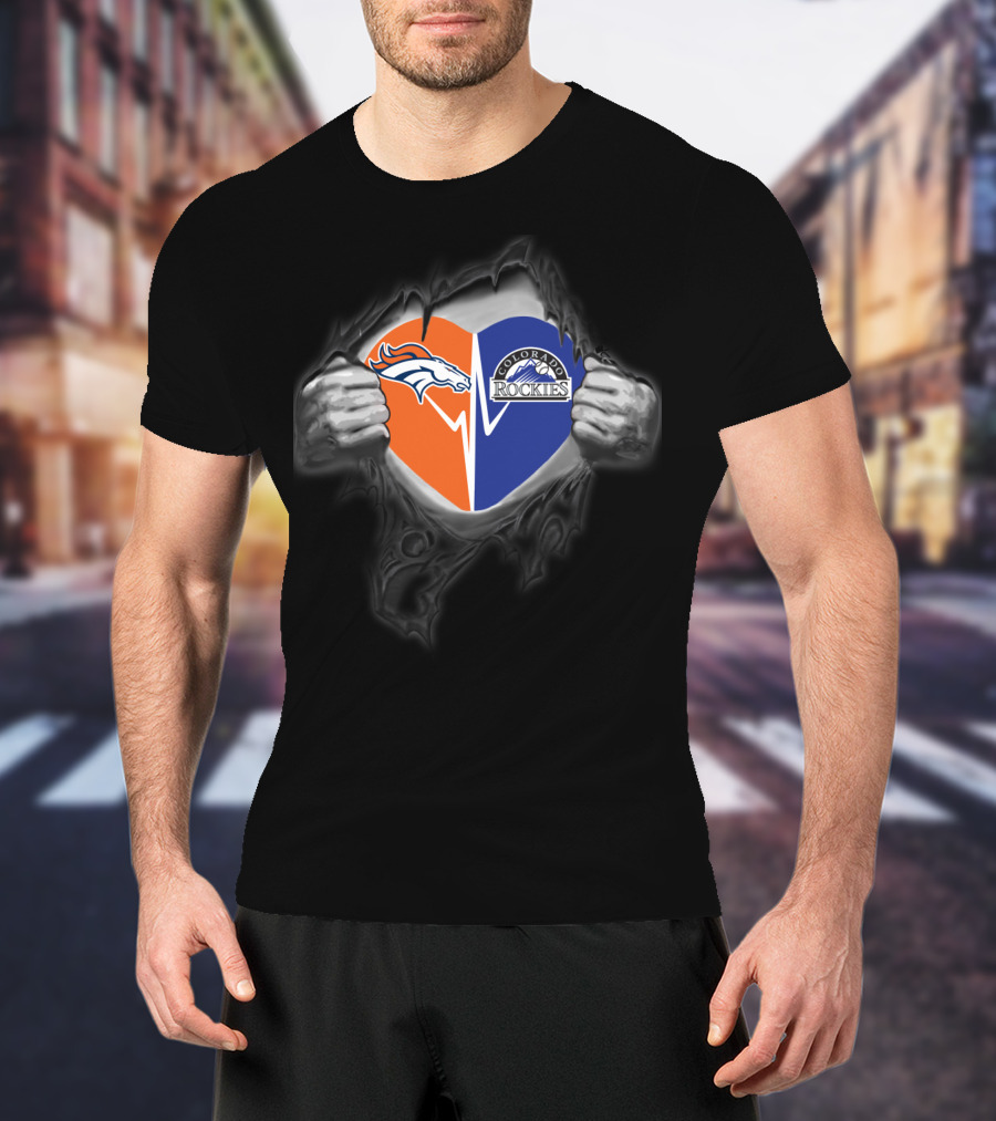 Broncos Heart With Colorado Rockies Logo Mountain T-Shirt