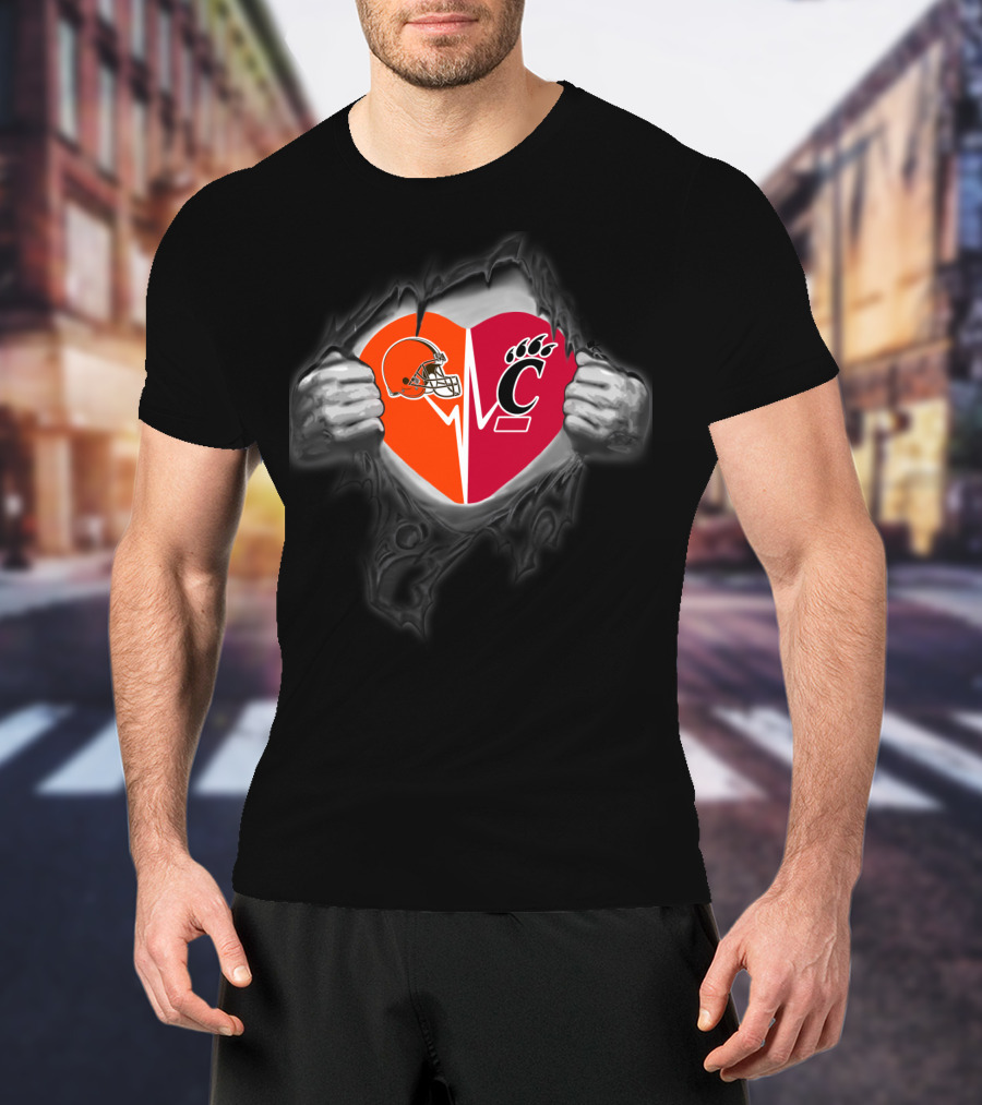 Cleveland Browns Cincinnati Bearcats Heart Football Fan Logo Combination T-Shirt