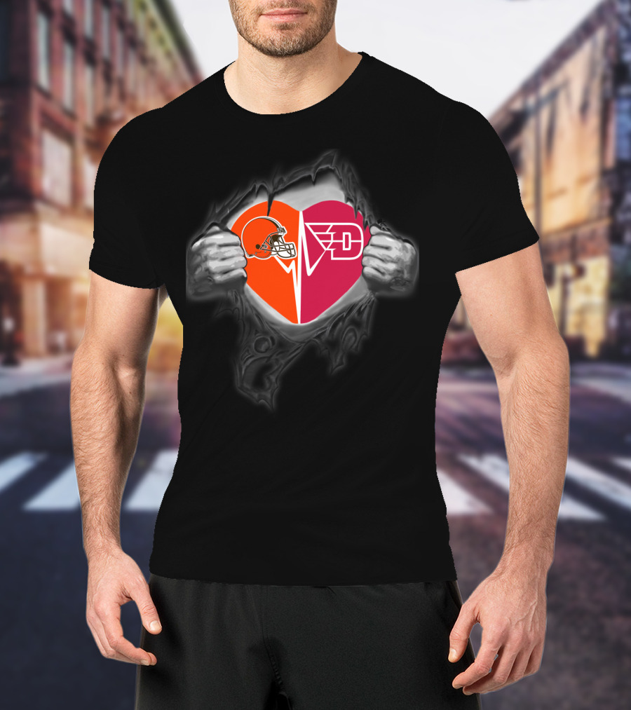 Cleveland Browns And Dayton Flyers Heart Emblem Fusion T-Shirt