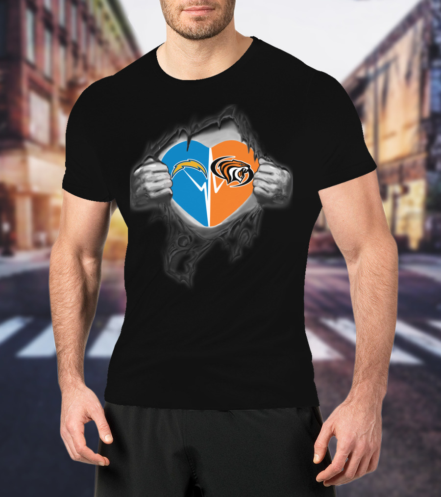 Chargers Pacific Tigers Heart Logos Torn T-Shirt
