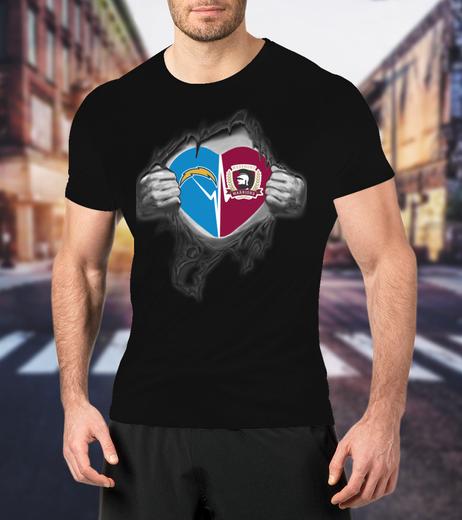 Chargers Westmont Warriors Heart Shield With Lightning Logo And Spartan T-Shirt