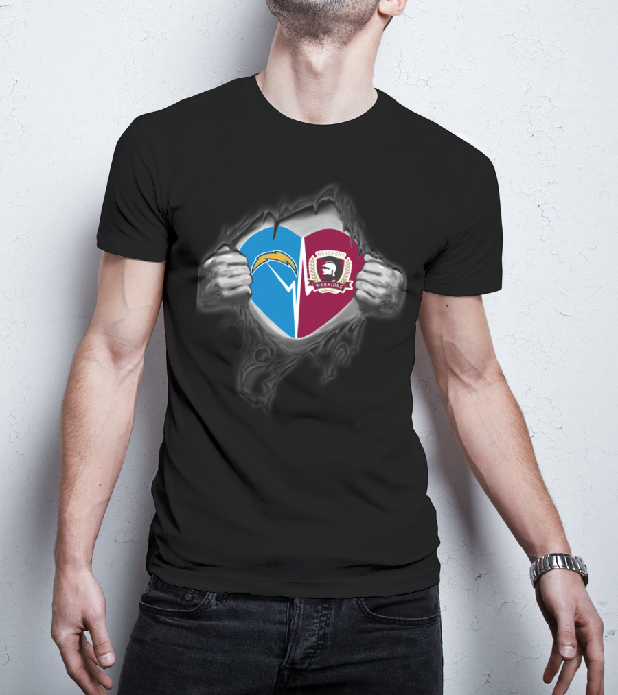 Chargers Westmont Warriors Heart Shield With Lightning Logo And Spartan T-Shirt