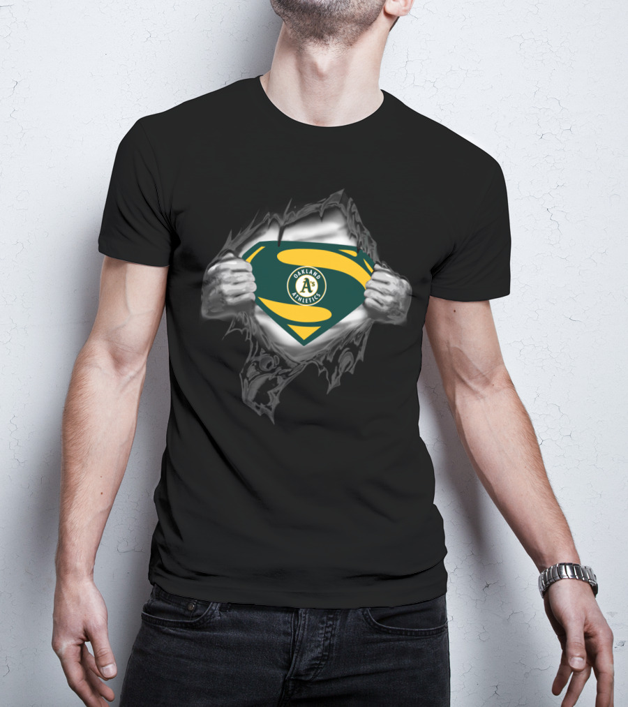 Oakland Athletics Superhero Emblem Teal And Yellow T-Shirt