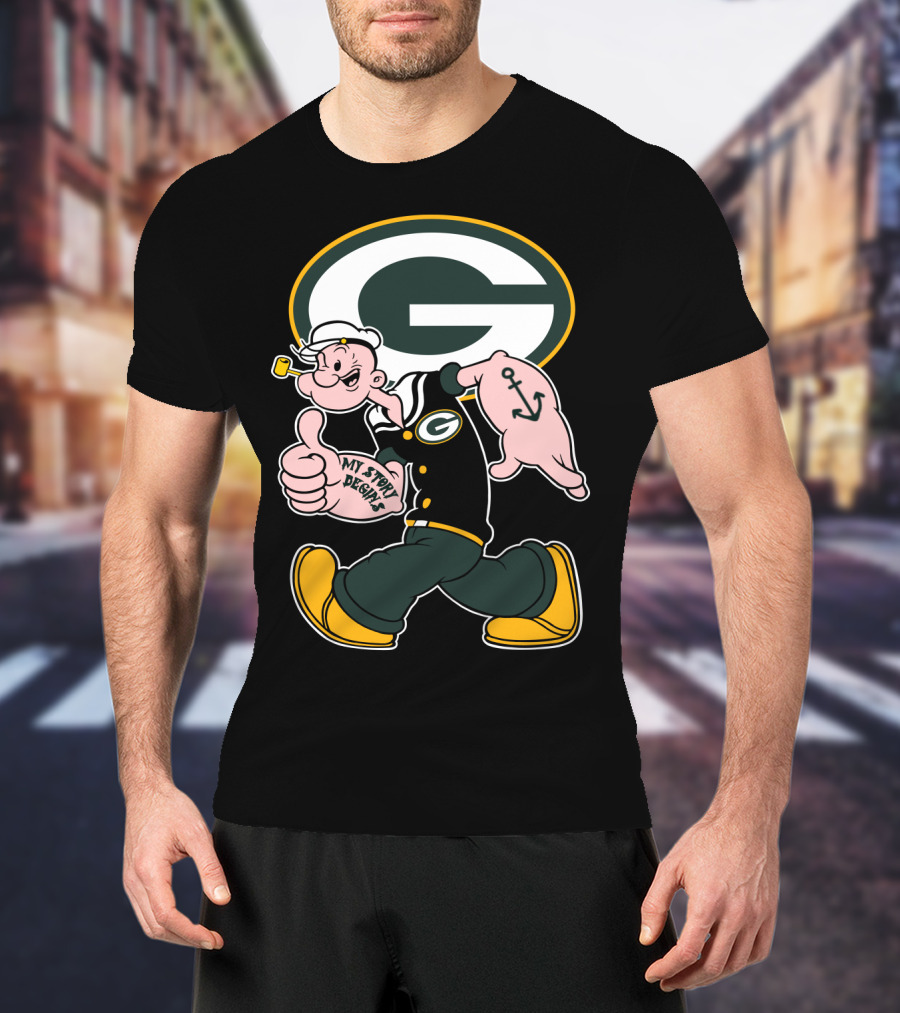 Popeye My Story Begins Green Bay Packers G Logo Anchor Tattoo T-Shirt