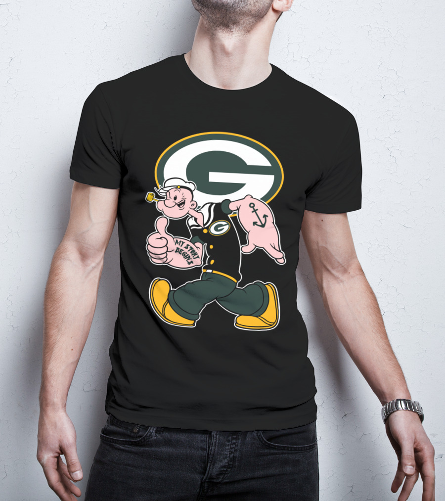 Popeye My Story Begins Green Bay Packers G Logo Anchor Tattoo T-Shirt