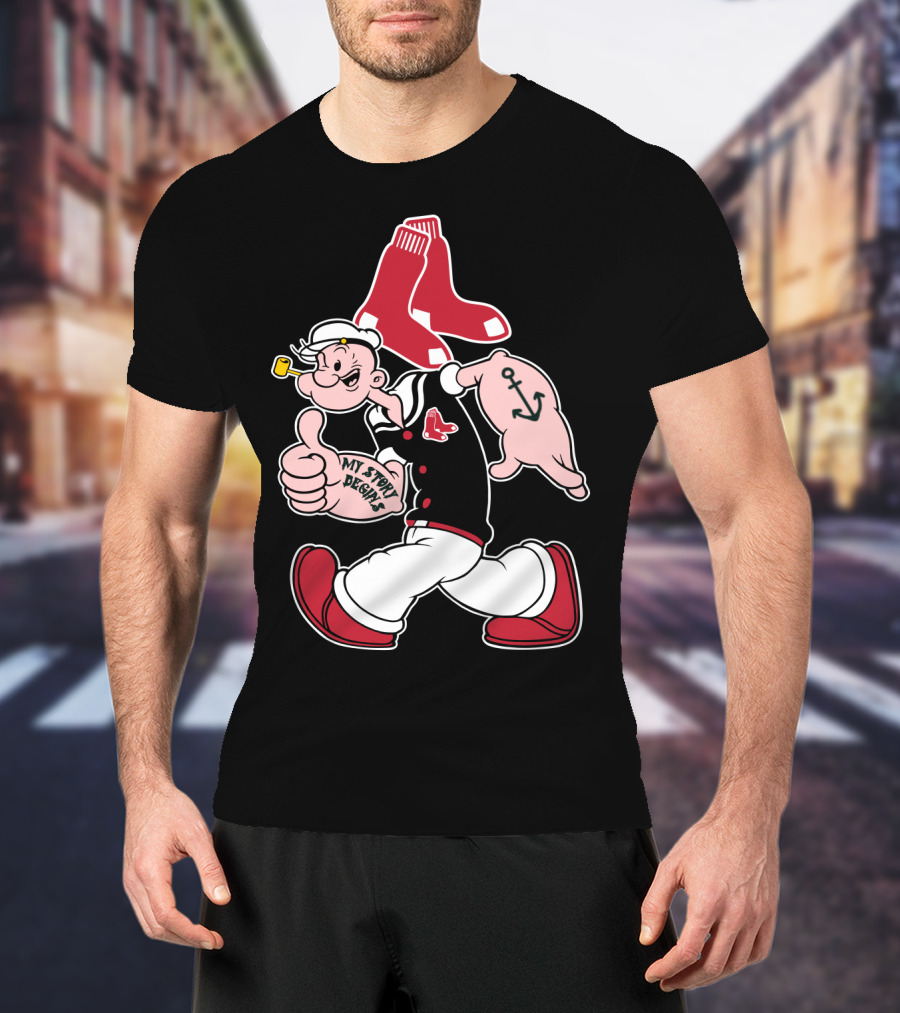 Popeye Thumbs Up Boston Red Sox Double Socks Anchor Tattoo Black T-Shirt