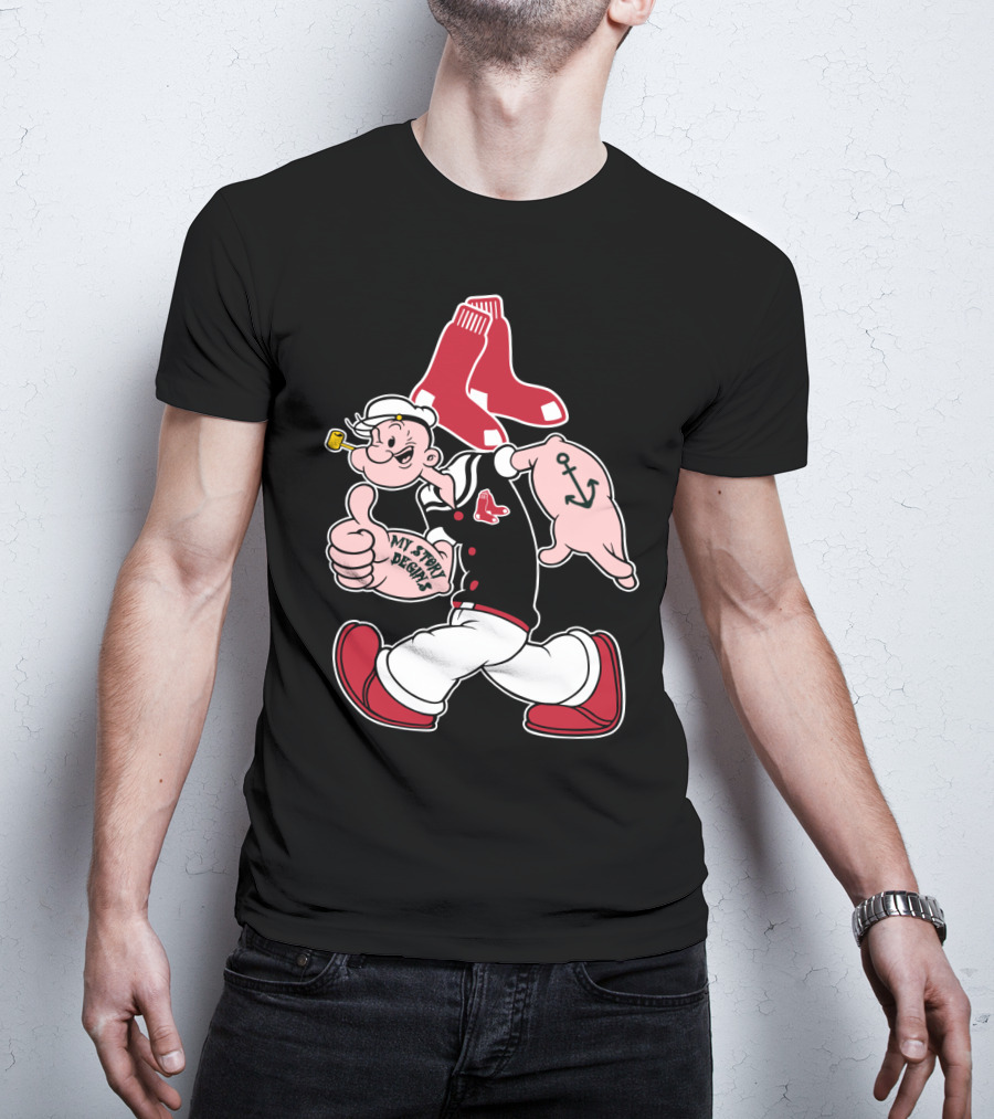 Popeye Thumbs Up Boston Red Sox Double Socks Anchor Tattoo Black T-Shirt