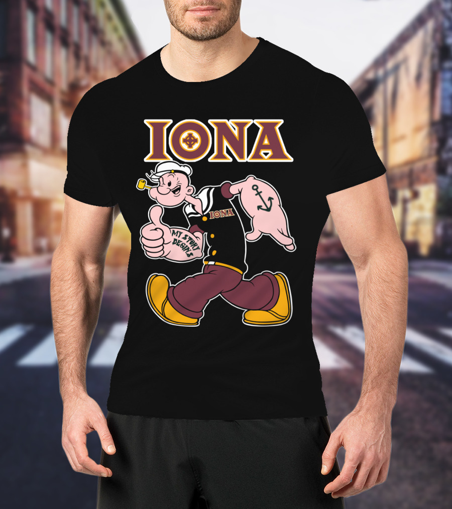 Iona Gaels My Story Begins Sailor Character With Anchor Tattoo T-Shirt