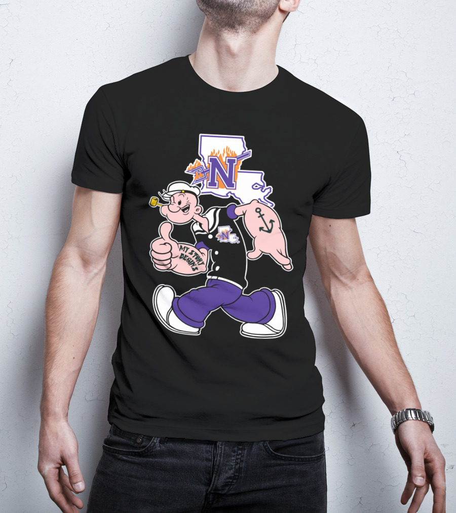 Northwestern State Demons Popeye Graphic With Louisiana State Outline T-Shirt