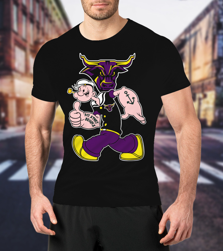 Mavericks My Story Begins Minnesota State 338 Popeye Sailor Tattoo Bull T-Shirt
