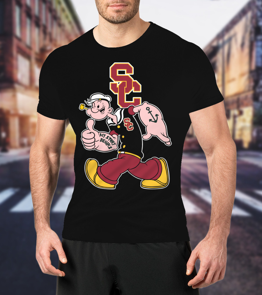 Usc Trojans Sc Logo With Sailor Cartoon And Anchor Tattoo T-Shirt