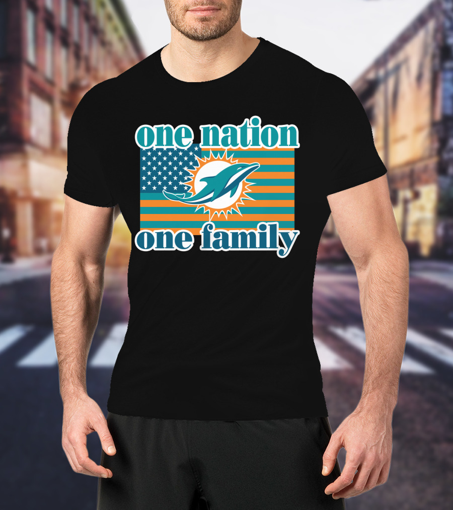 One Nation One Family Miami Dolphins American Flag Logo T-Shirt