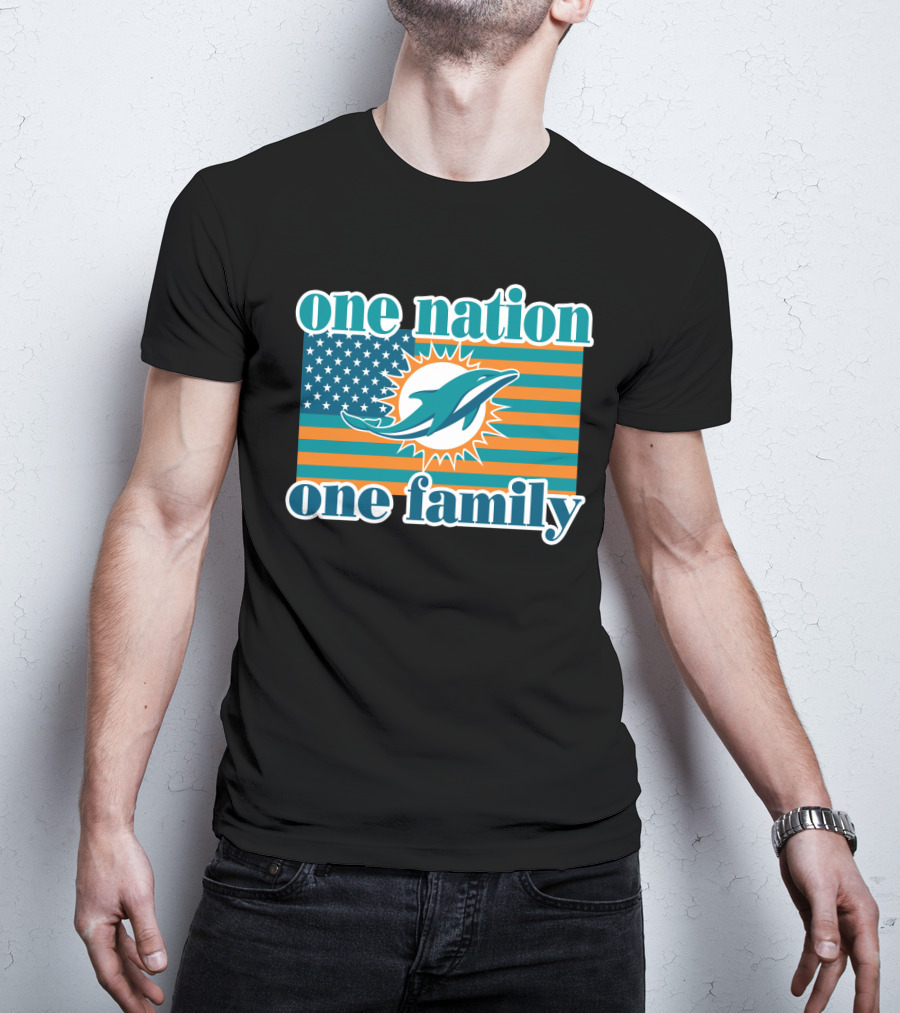 One Nation One Family Miami Dolphins American Flag Logo T-Shirt