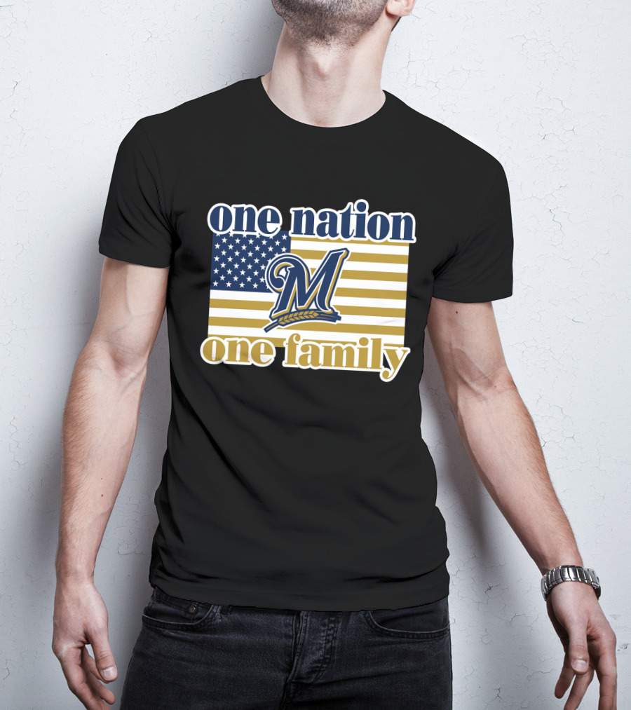 One Nation One Family Milwaukee Brewers 46 American Flag T-Shirt