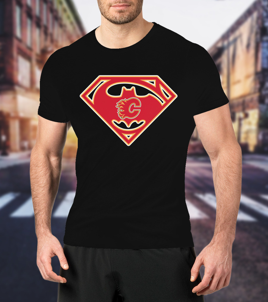 Calgary Flames Logo Combined With Superman Batman Symbol T-Shirt