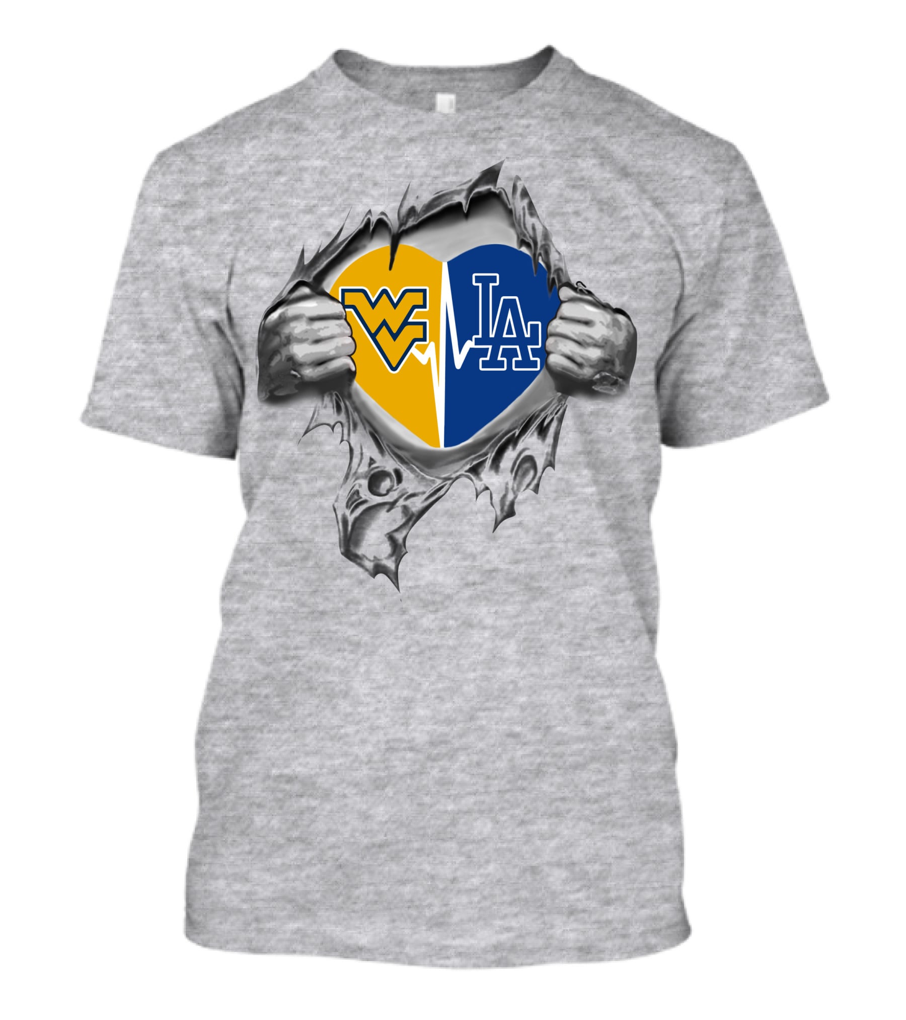 Dodgers West Virginia Mountaineers Heartbeat Split Logo Dodgers And West Virginia Fan Loyalty T-Shirt