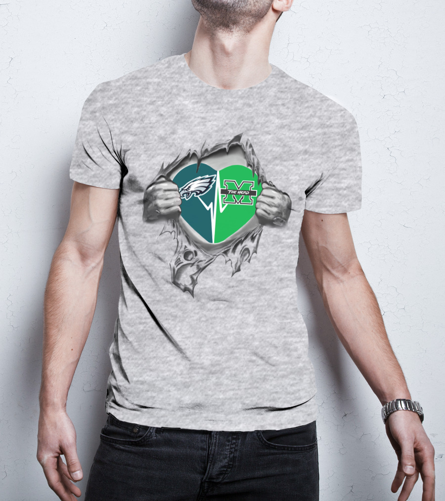 Eagles Marshall Thundering Herd Heart Logo Burst T-Shirt