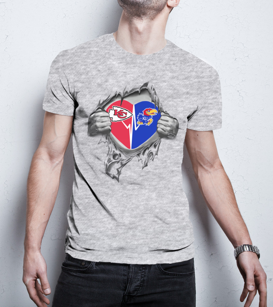 Chiefs Jayhawks Heart With Kansas City Kc And Ku Logos T-Shirt
