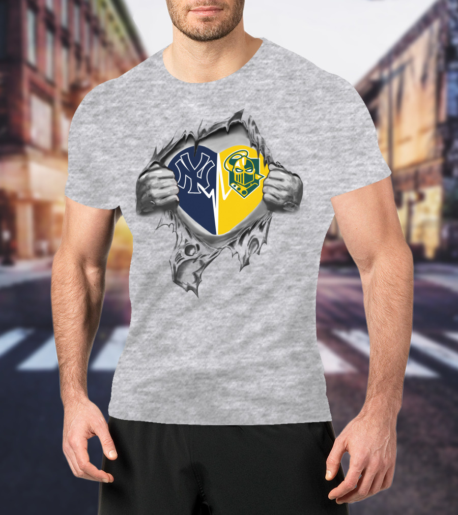Yankees Golden Knights Split Heart Logo Torn Metal T-Shirt